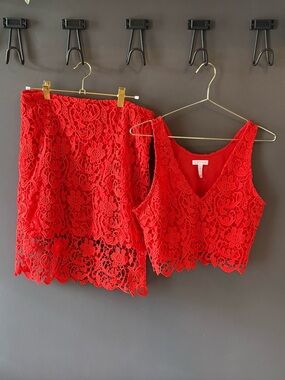 Leith Red Lace Two-Piece Set - Crop Top & Skirt - Small & Medium